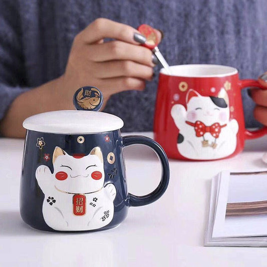 Ceramic Cute Fortune Cat Mug with Lid - Hemkonst