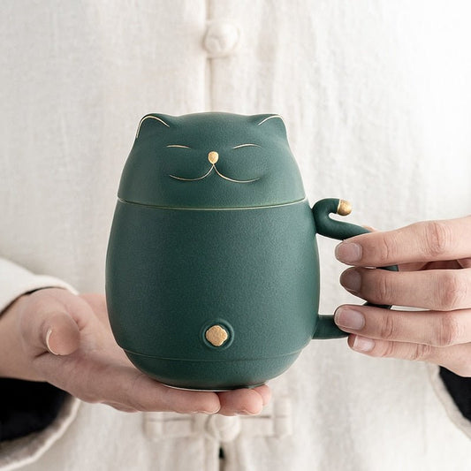 LUWU Lucky Cat Ceramic Tea Mug with Infuser - Hemkonst